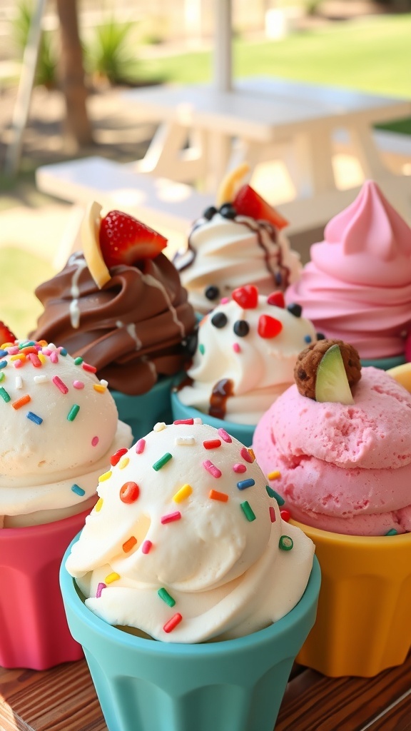 A variety of colorful ice cream scoops in bowls with toppings, set in a sunny outdoor picnic setting.